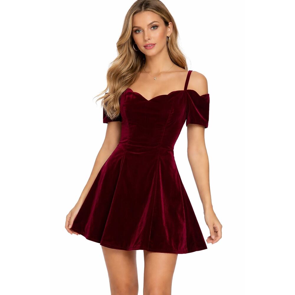1990s Roberta Burgundy Velvet Off Shoulder Party Dress USA made Medium